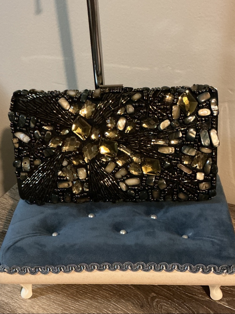 Bebe Embellished Black & Silver Evening Bag Clutch Handbag Stones Rhinestones